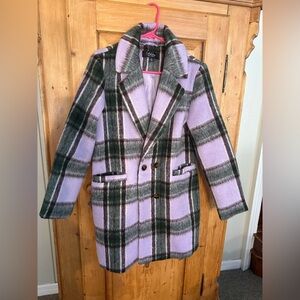 Coffee Shop Purple Green & Black Plaid Sz Medium Lined Double Breasted Coat